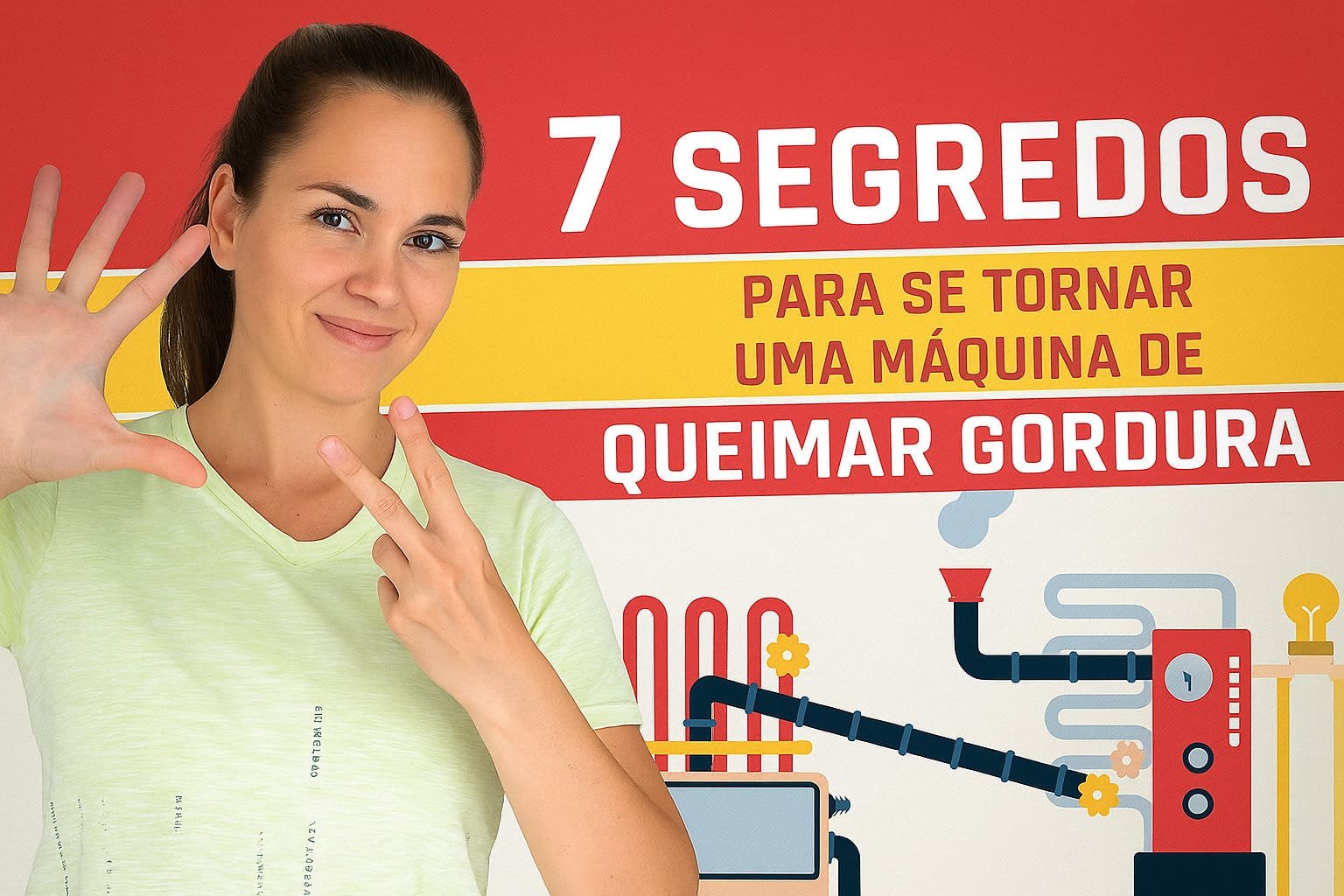 Mulher mostrando o número sete com as mãos ao lado do texto: 7 segredos para se tornar uma máquina de queimar gordura
