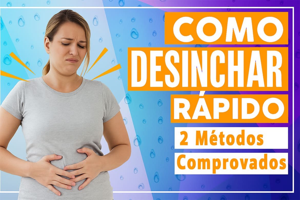 Mulher com expressão de desconforto segurando a barriga ao lado do texto: Como desinchar rápido - 2 métodos comprovados
